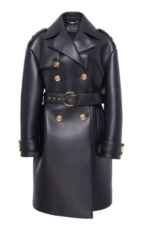 Versace: Black Leather Belted Trench Coat 